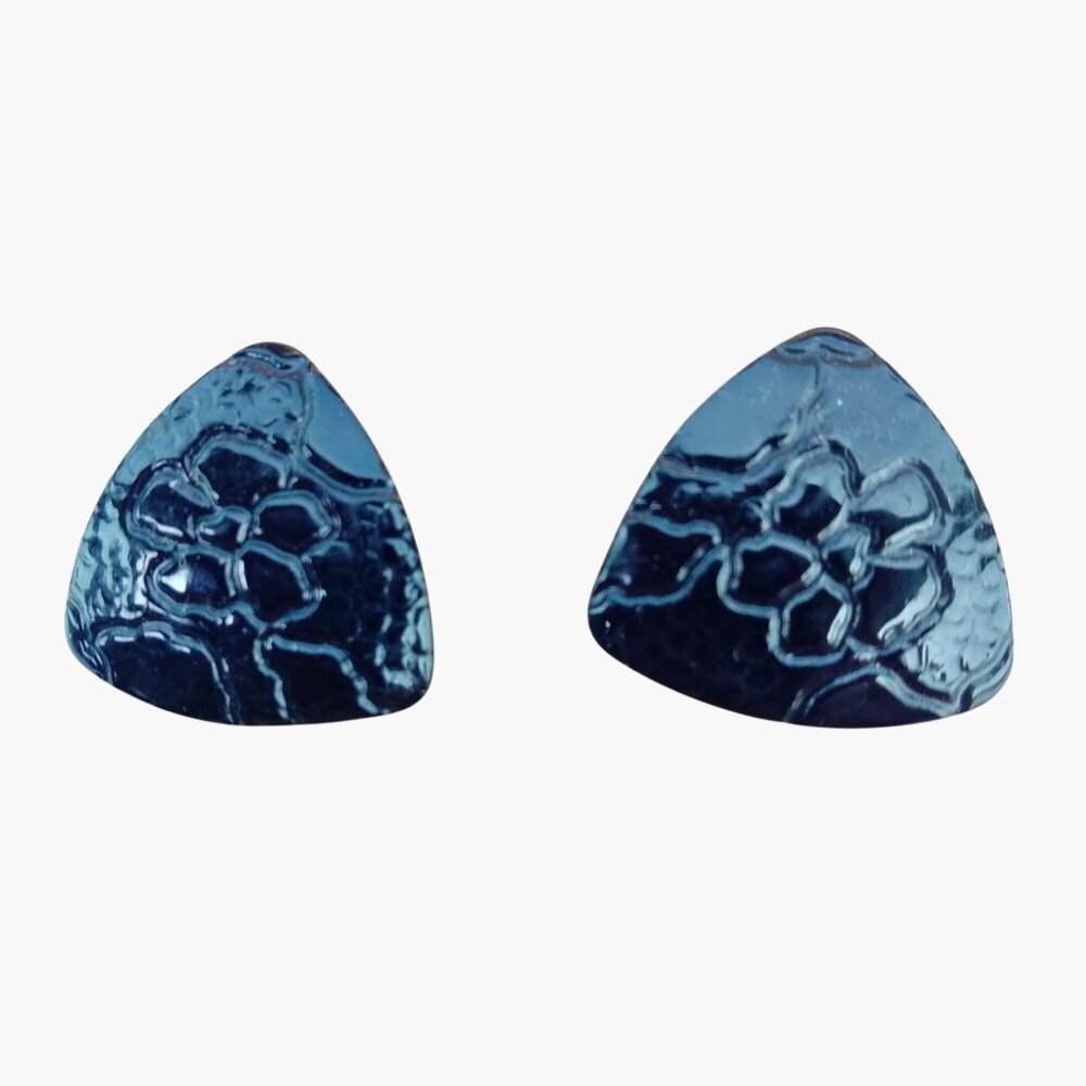 Black Flower Triangular Stud Earrings Hammered Textured Floral Goth Steampunk
